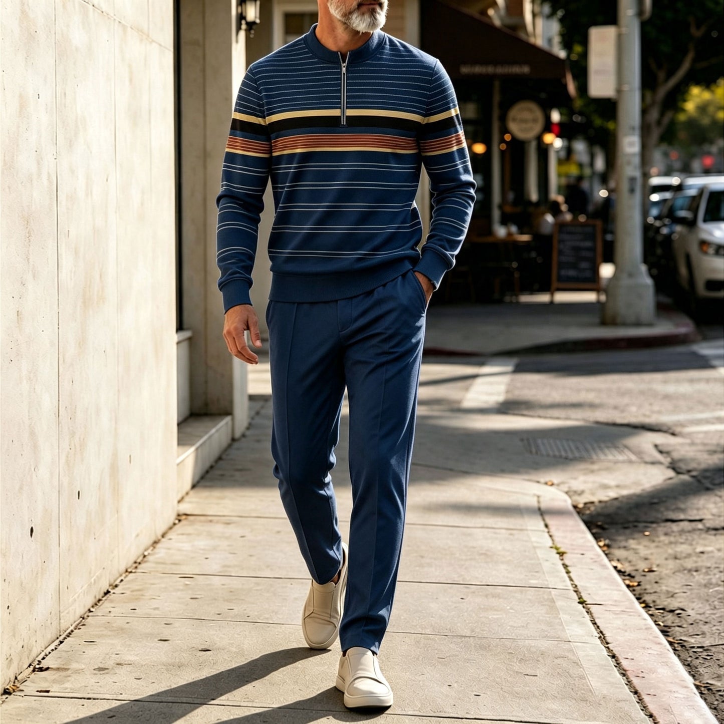 Men's Two-Tone Round-Neck Zipper Long-Sleeve Shirt and Pants Set