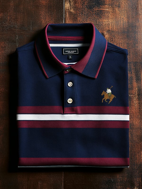 Men's Classic Business Check Logo Button Short Sleeve Polo Shirt