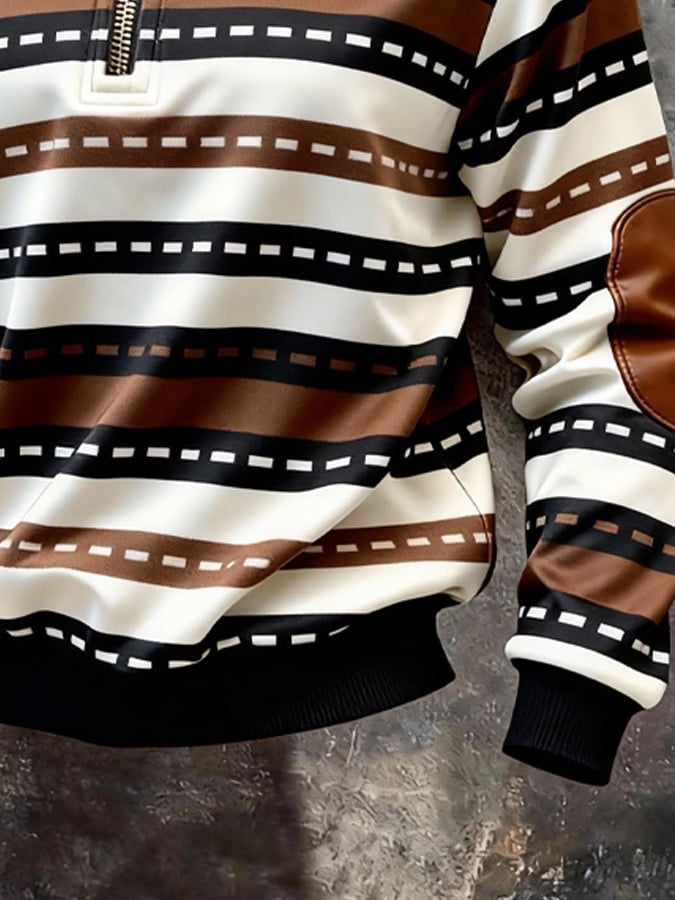 Men's Retro Color Block Print Color-Blocked Zip-Up Sweatshirt