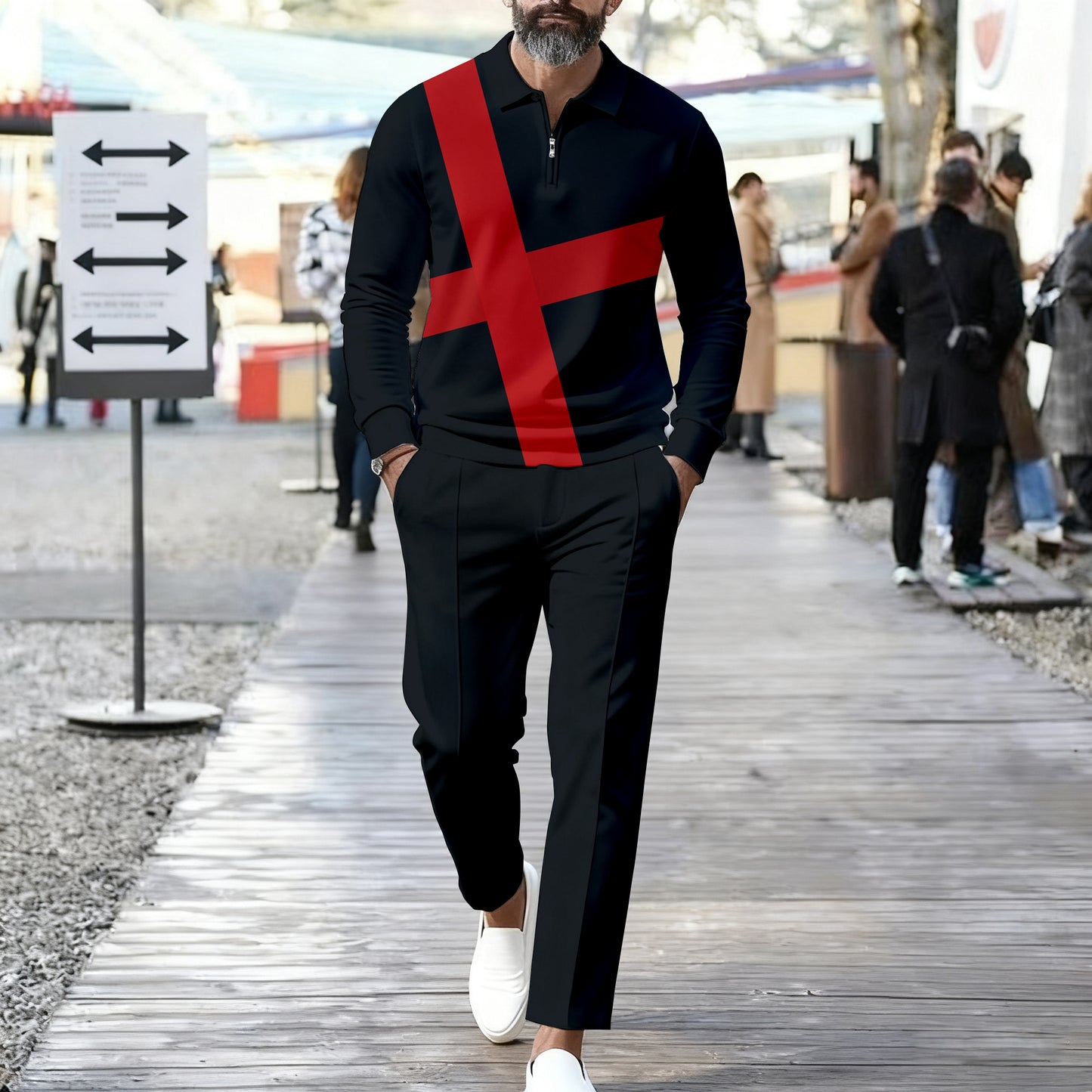 Men's Casual Color Matching Printed Polo-Collar Zipper Long Sleeved Trousers Two-Piece Set