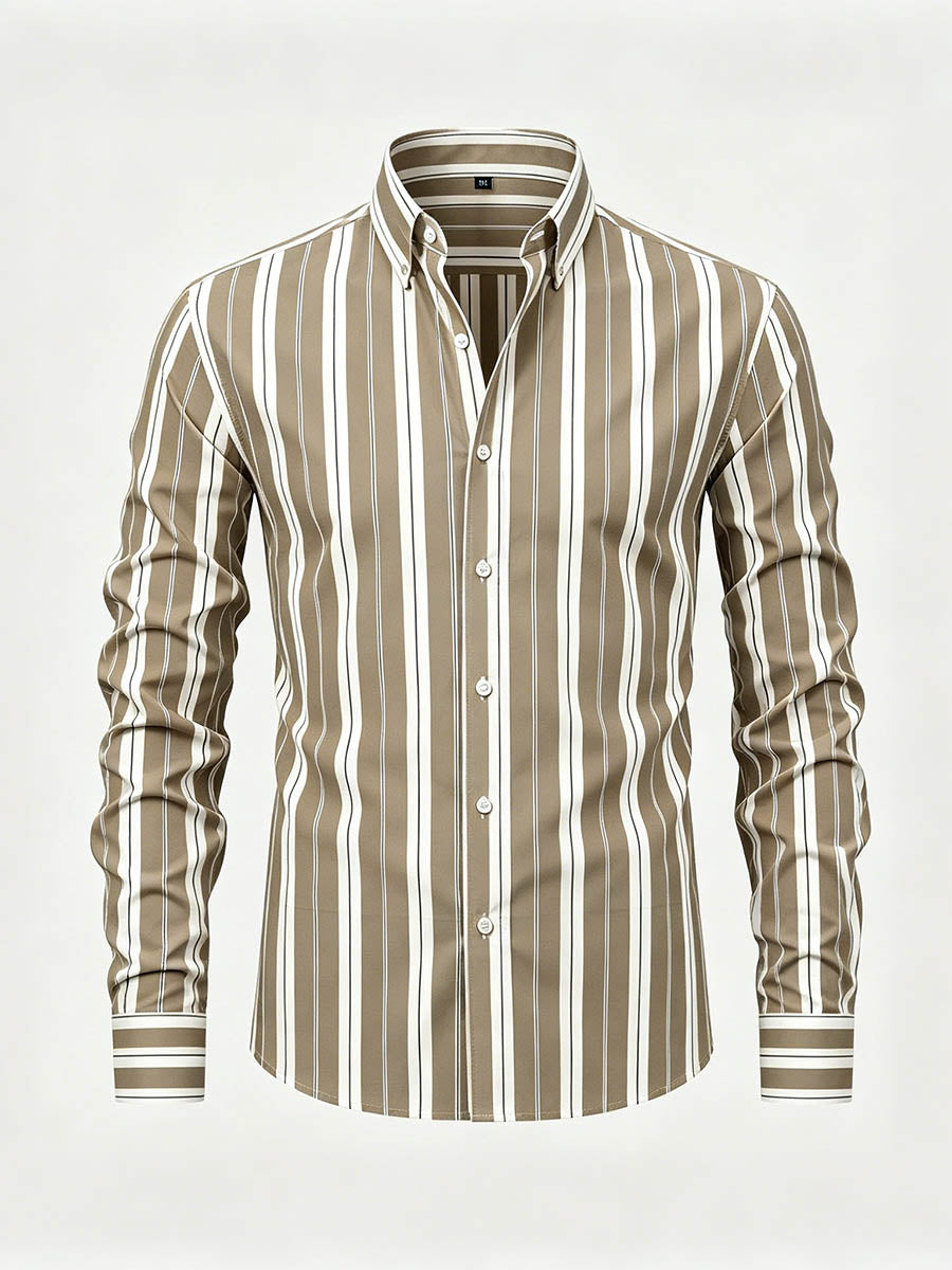 Men's Khaki & White Color Matching Striped Printed Long Sleeve Shirt