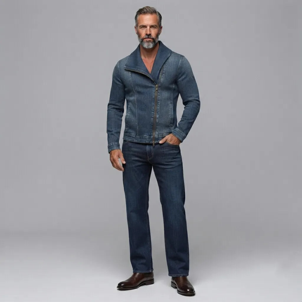 Men's Vintage Denim Lapel Collar Slant Pocket Slim Asymmetrical Zip-Up Jacket