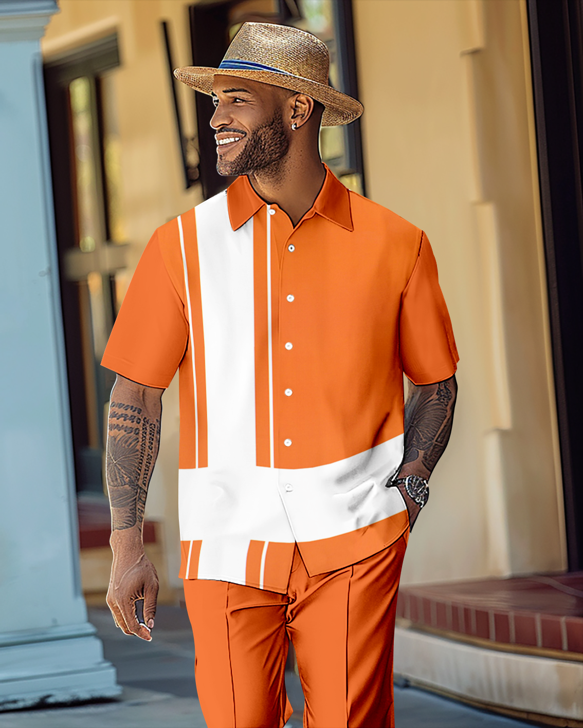 Men's Gorgeous Color Block Short Sleeve Shirt Walking Suit 1076