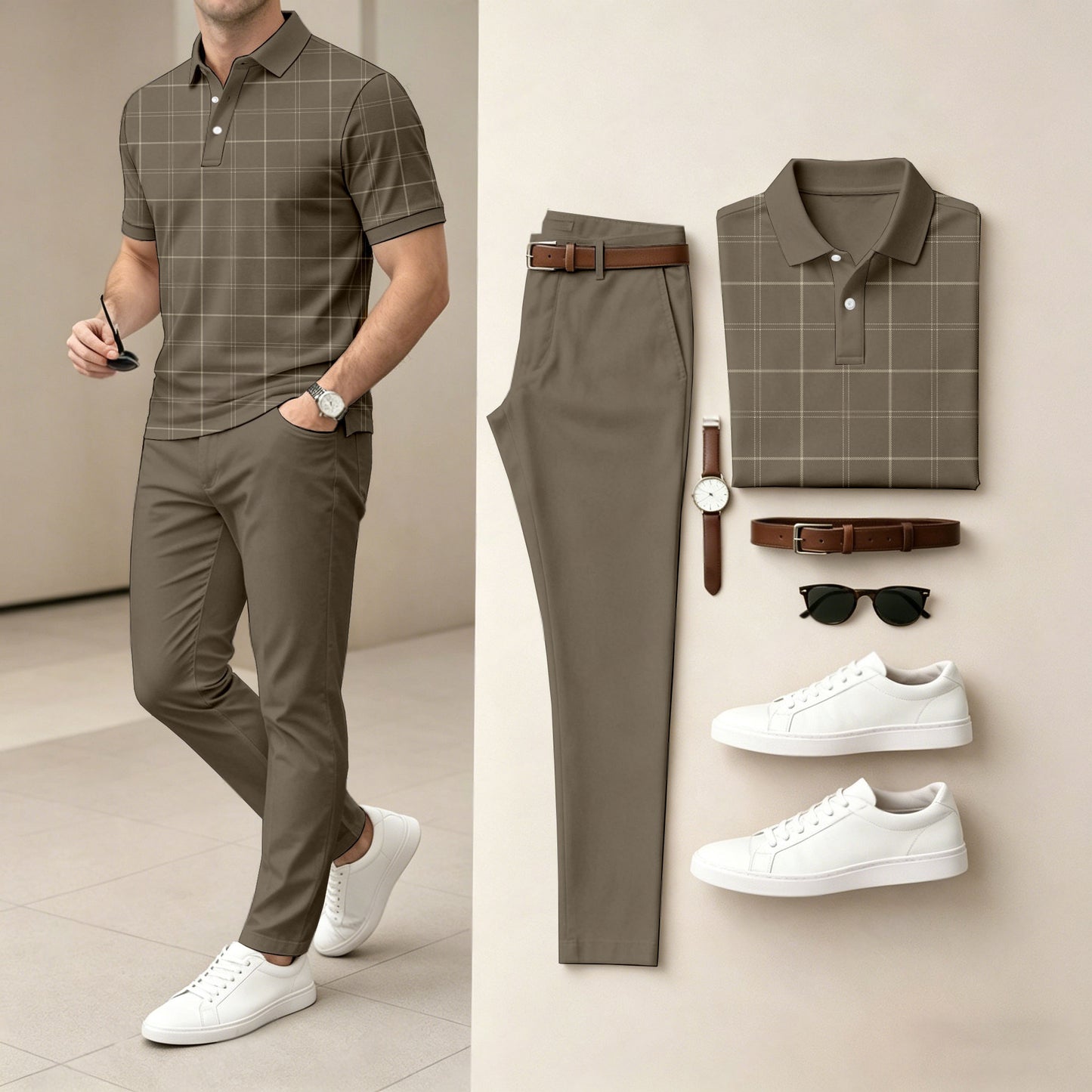 Men's Casual Brown Plaid Printed Polo Shirt And Pants Two-Piece Set
