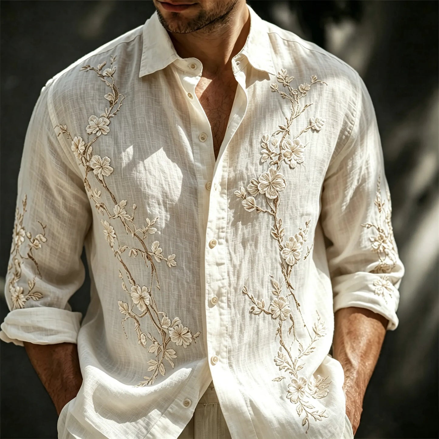 Vintage 3d Embroidery Linen Button Down Shirt, Men's Floral Embroidery Long Sleeve Casual Top
