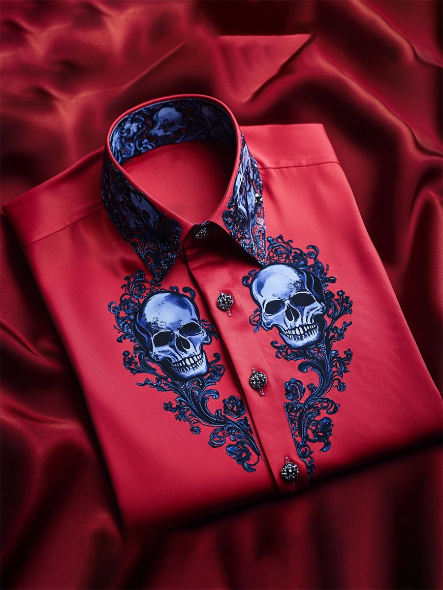 Men's Satin Luxe Skull Long Sleeve Button Down Shirt
