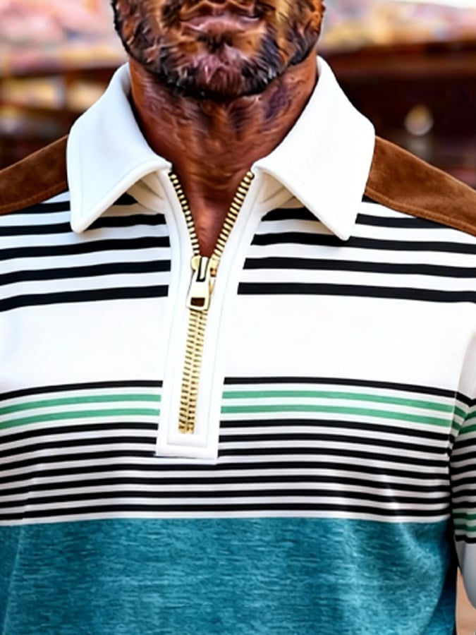 Men's Retro Color Block Print Zipper Sweatshirt