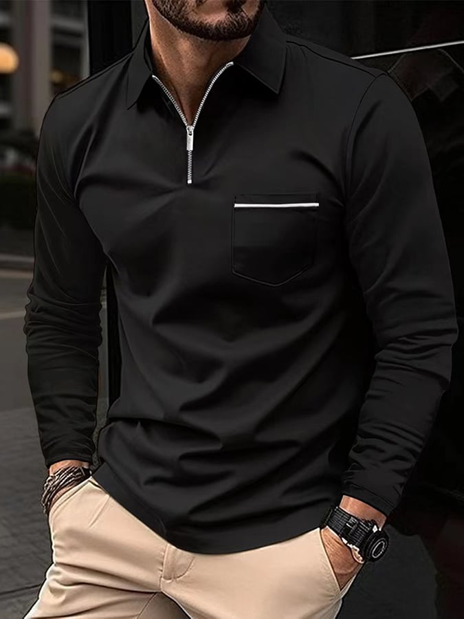 Sports Casual Slim Fit Long Sleeve Half Zip Polo Shirt