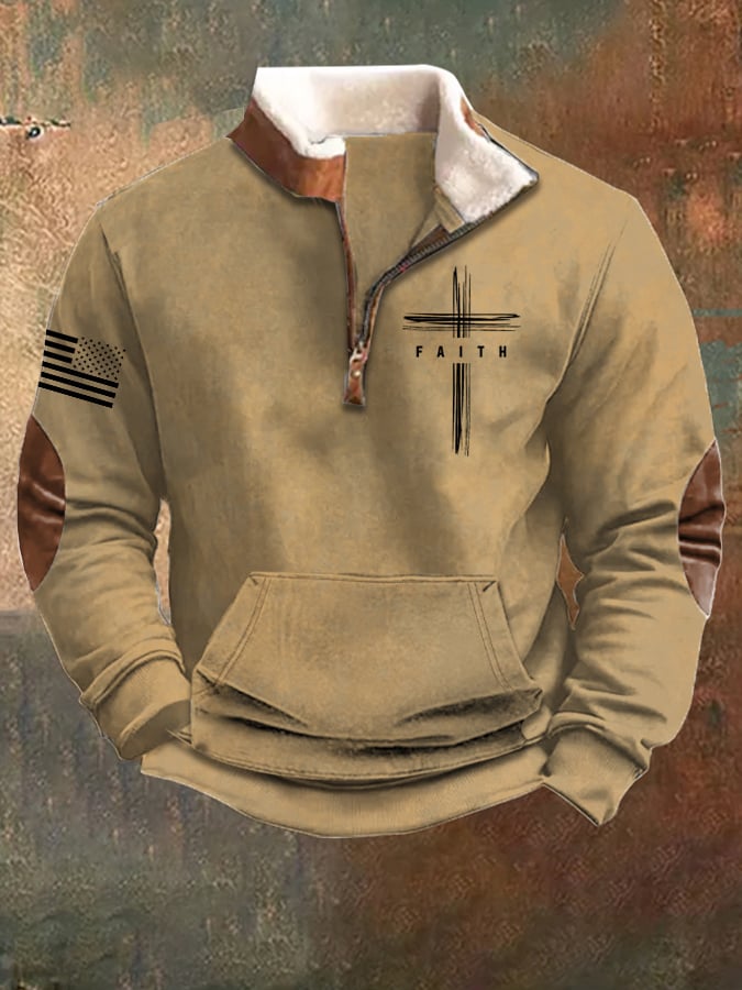 Men's faith faith vintage zip-up collar long-sleeved sweatshirt