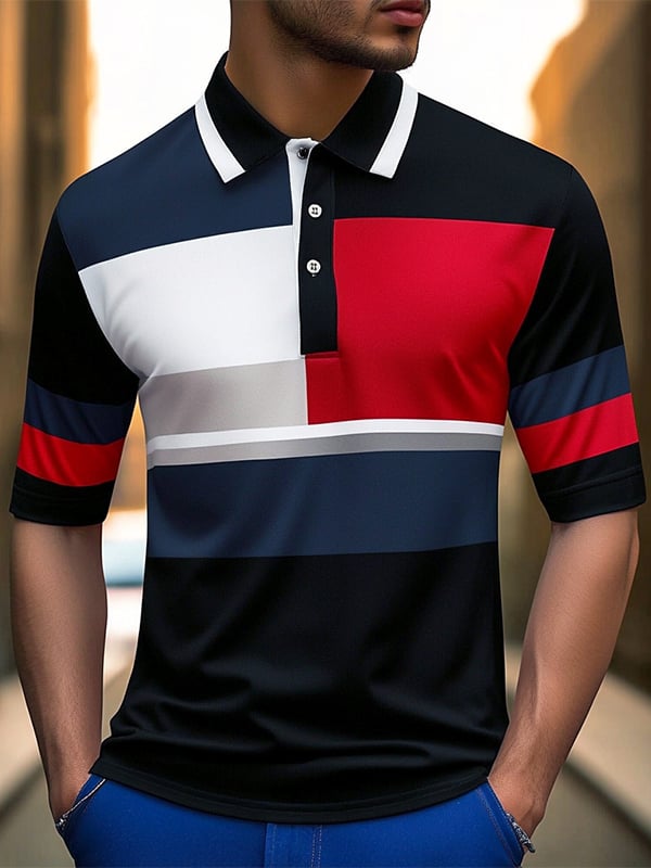 Men's Business Stripe Logo Button-Down Short Sleeve Polo Shirt