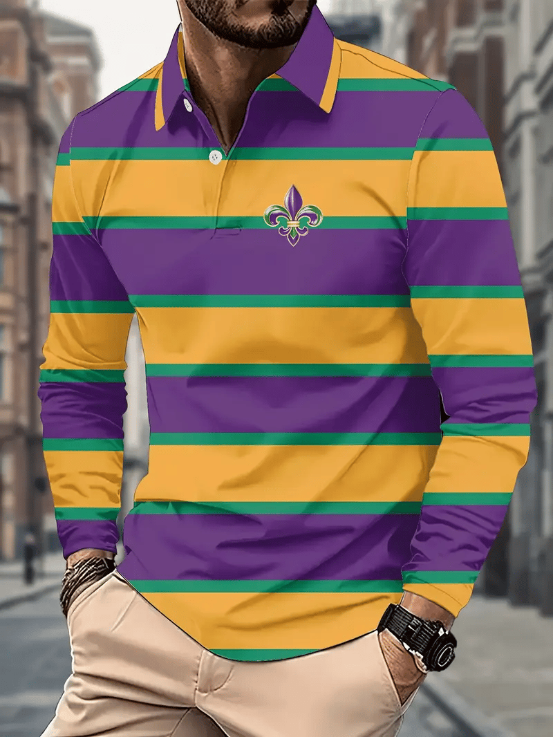 Men's Party Carnival Print Long Sleeve Polo Shirt