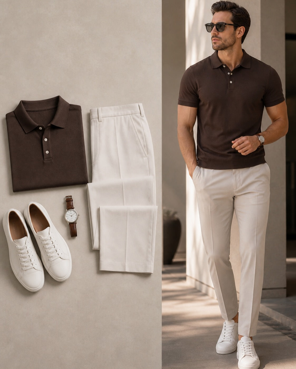 Men's Casual Dark Brown Color Short Sleeves Polo Shirt & Jeans Pants Two Piece Set