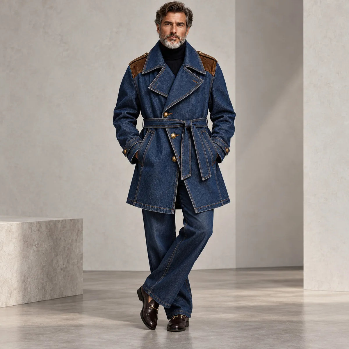 Men's Dark Blue Corduroy Patchwork Lapel Collar Single Breasted Belted Denim Trench Coat