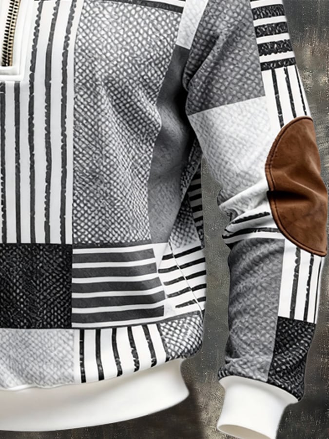 Men's Retro Color Block Print Zipper Sweatshirt