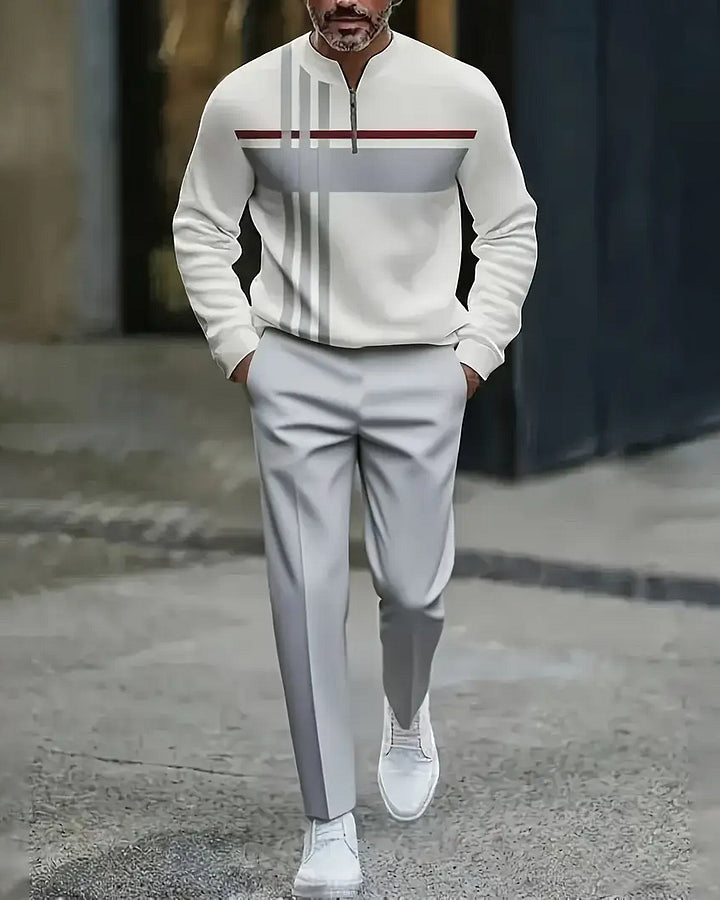 Men's Casual Color Matching Printed Round-Neck Zipper Long Sleeved Trousers Two-Piece Set