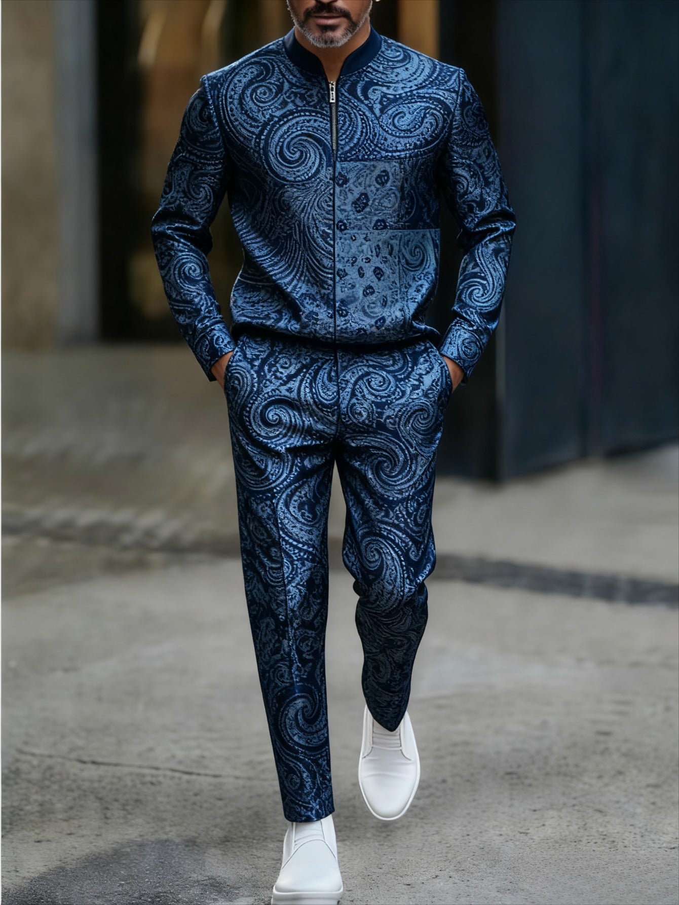 Men's Casual Navy Blue Flower Printed Round-Neck Zipper Long Sleeved Trousers Two-Piece Set
