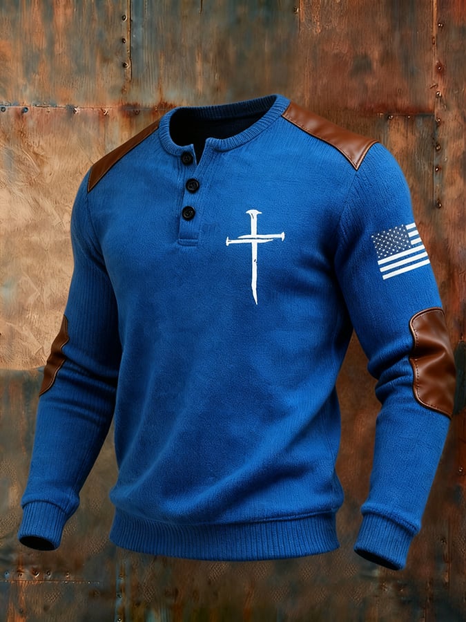 Men's Cross Flag Print Henley Collar Shirt