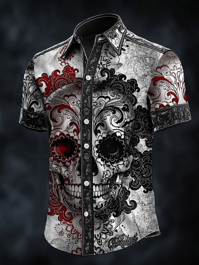 Men's Dark Skull Print Satin Short Sleeve Shirt