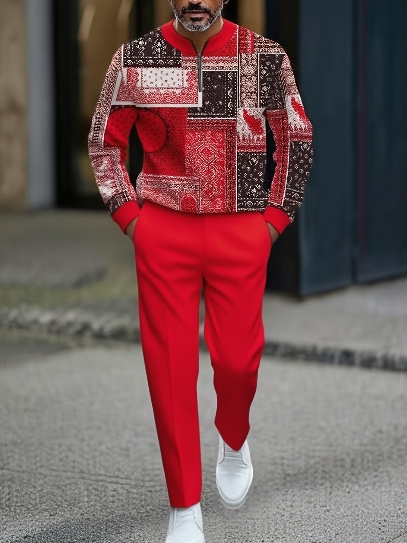 Men's Casual Color Matching Printed Round-Neck Zipper Long Sleeved Trousers Two-Piece Set