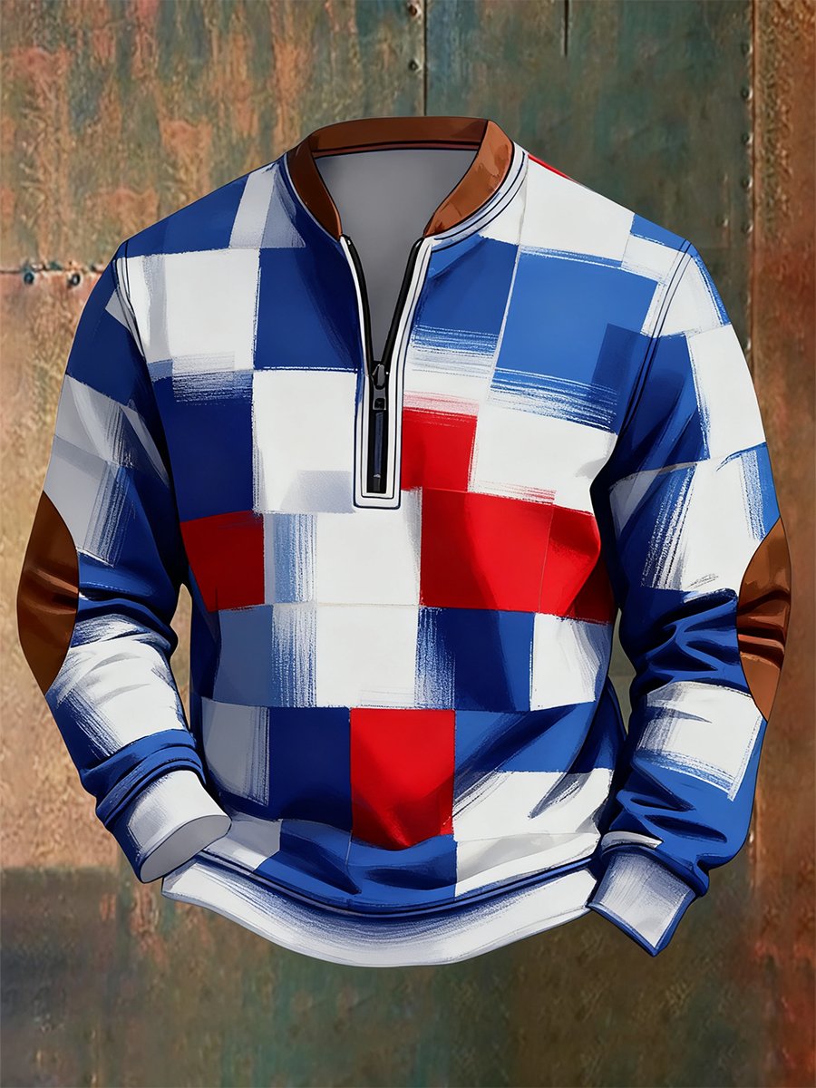 Men's Retro Geometric Print Quarter Zip Sweatshirt