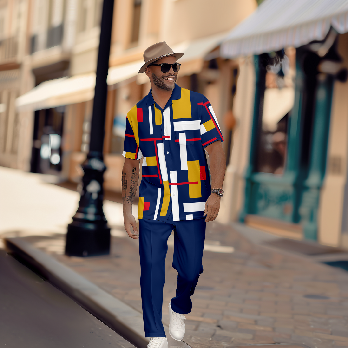Men's Gorgeous Color Block Short Sleeve Shirt Walking Suit 1193