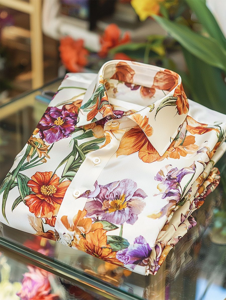 Men's Satin Luxe Hawaiian Print Short Sleeve Button Shirt