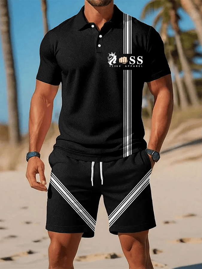 Men's Retro Letter Design Casual Business Short Sleeve Polo Shirt Suit