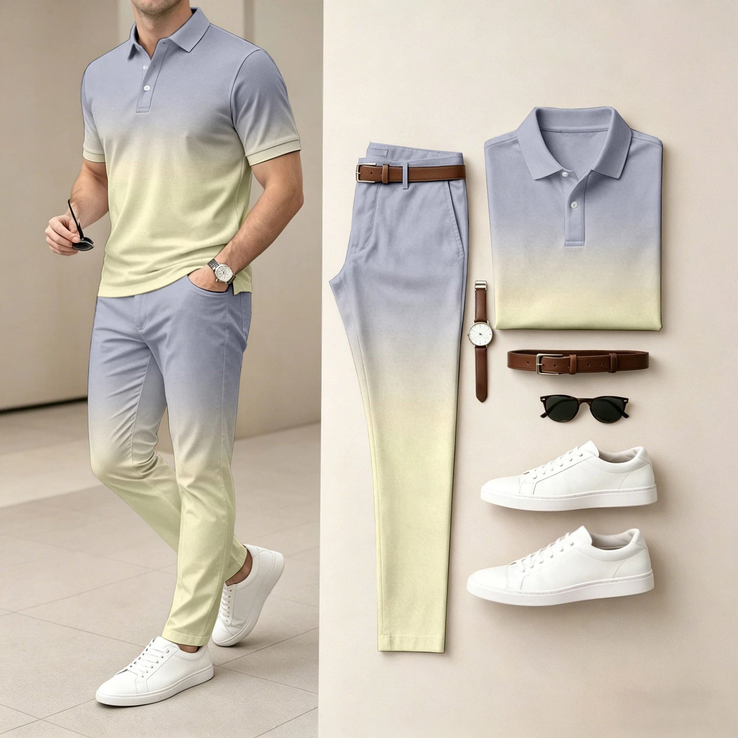 Men's Ombré Color Short-Sleeve Polo Shirt and Pants Two-Piece Set