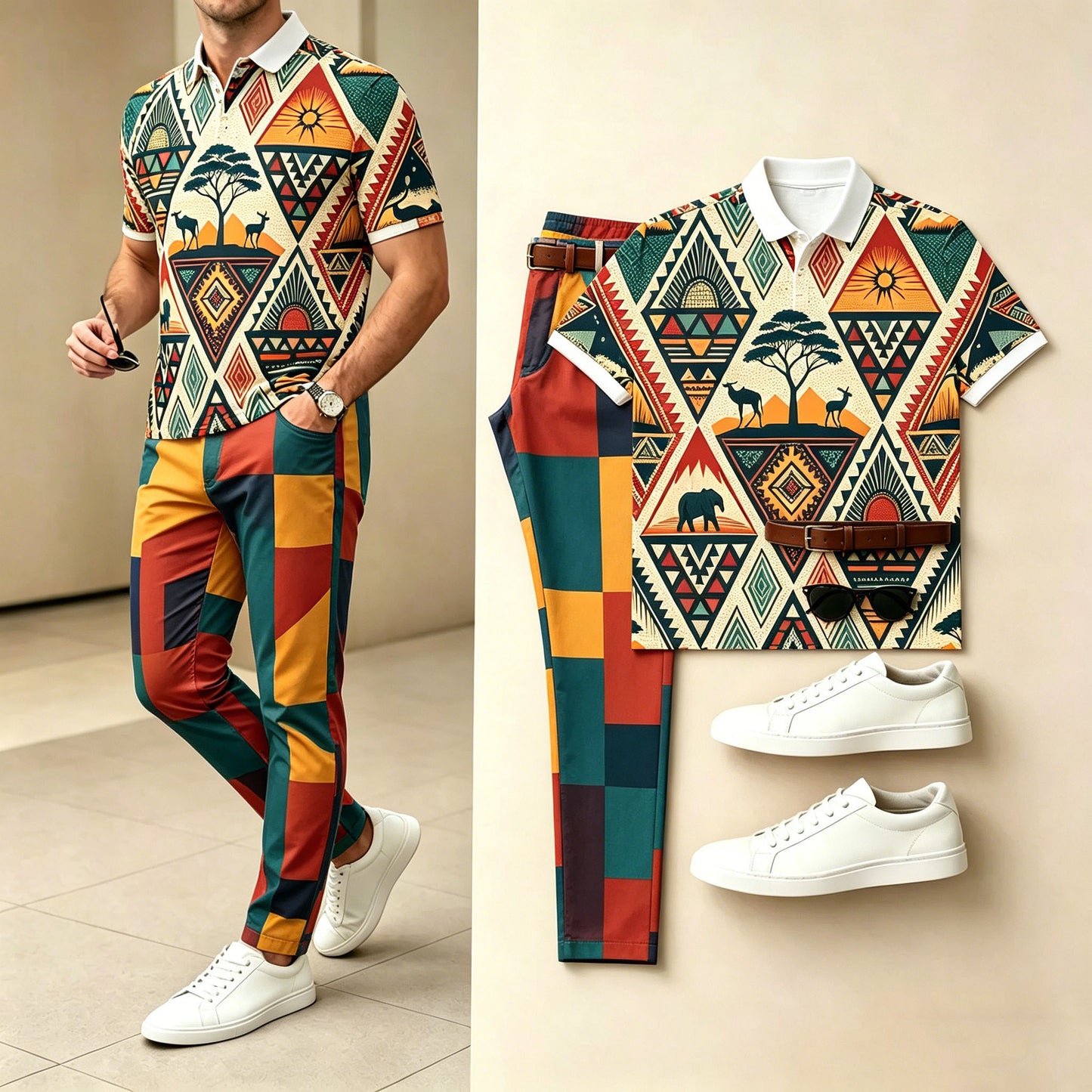 Men's Casual Printed Polo Shirt And Pants Two-Piece Set