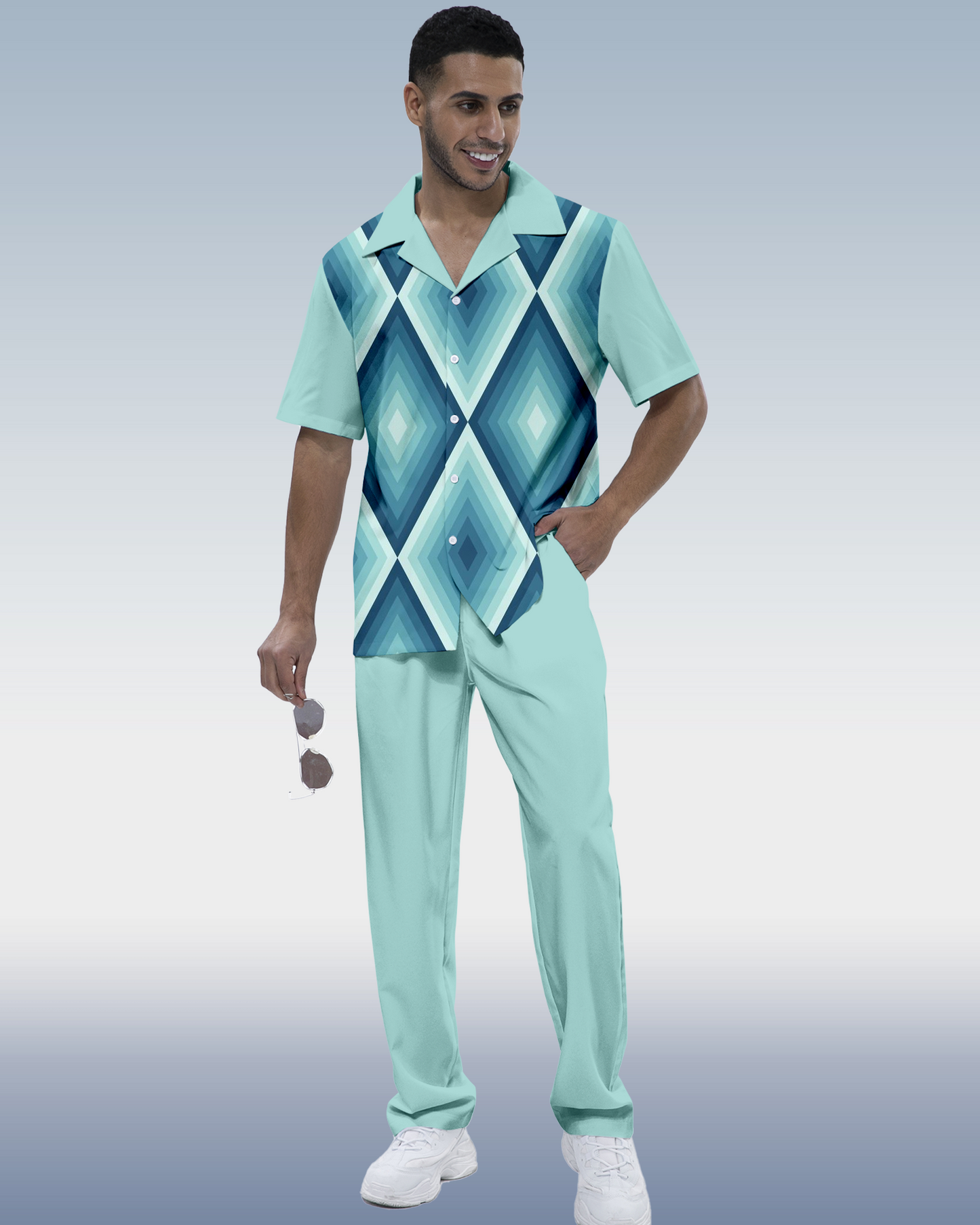 Men's retro printed short sleeve shirt walking suit 898