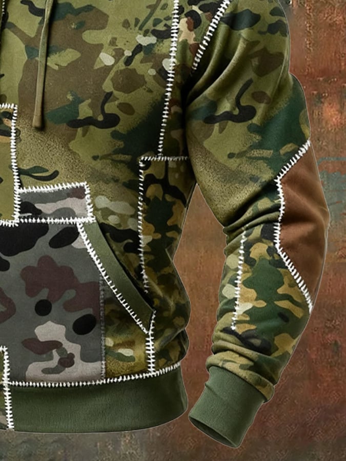 Men's Retro Distressed Color Block Camouflage Print Casual Long Sleeve Sweatshirt