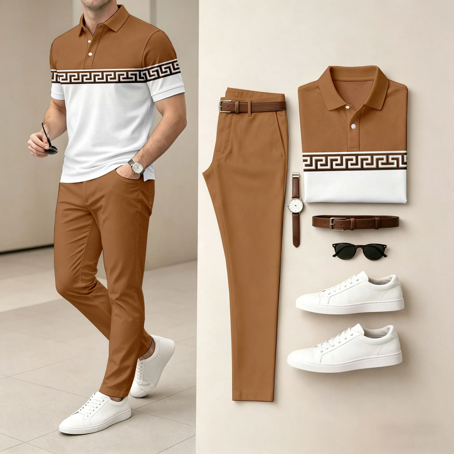 Men's Brown & White Geometry Casual Printed Polo Shirt And Pants Two-Piece Set