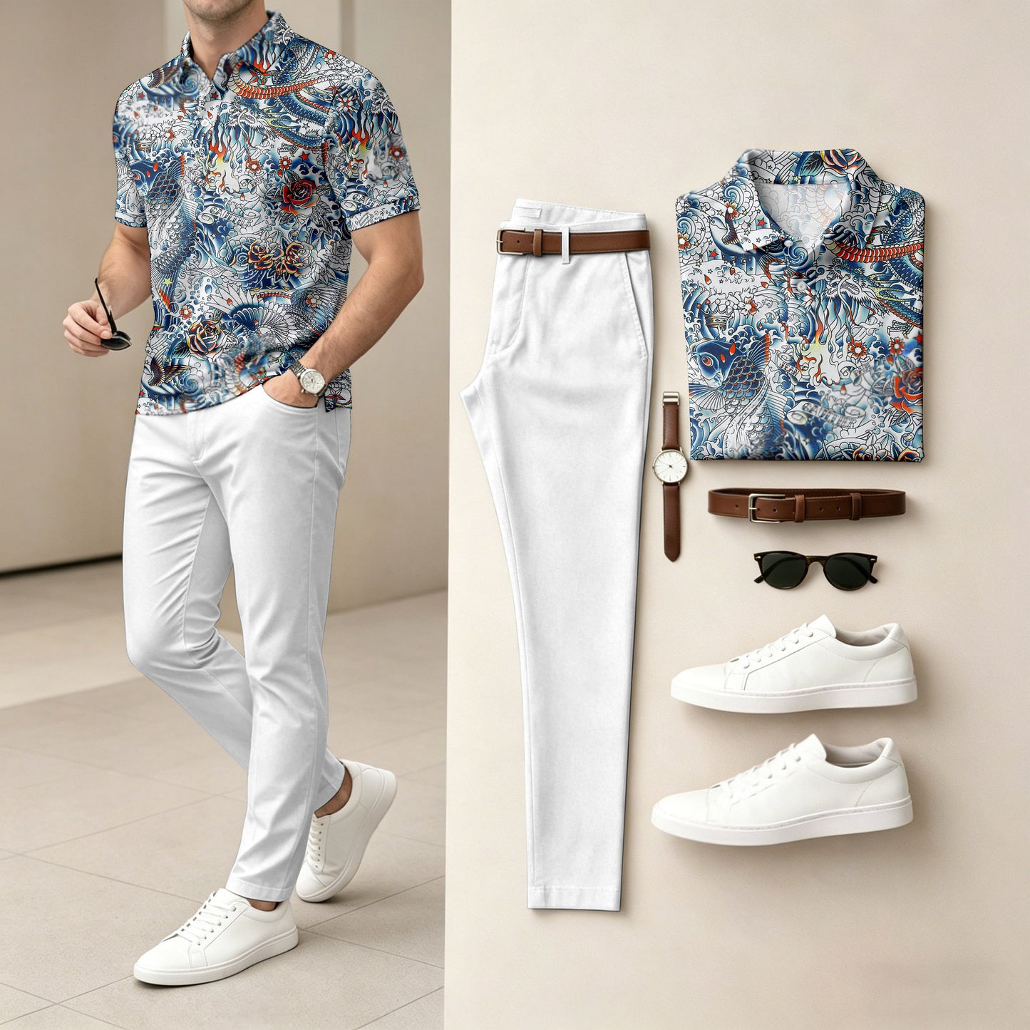 Men's Casual Printed Polo Shirt And Pants Two-Piece Set