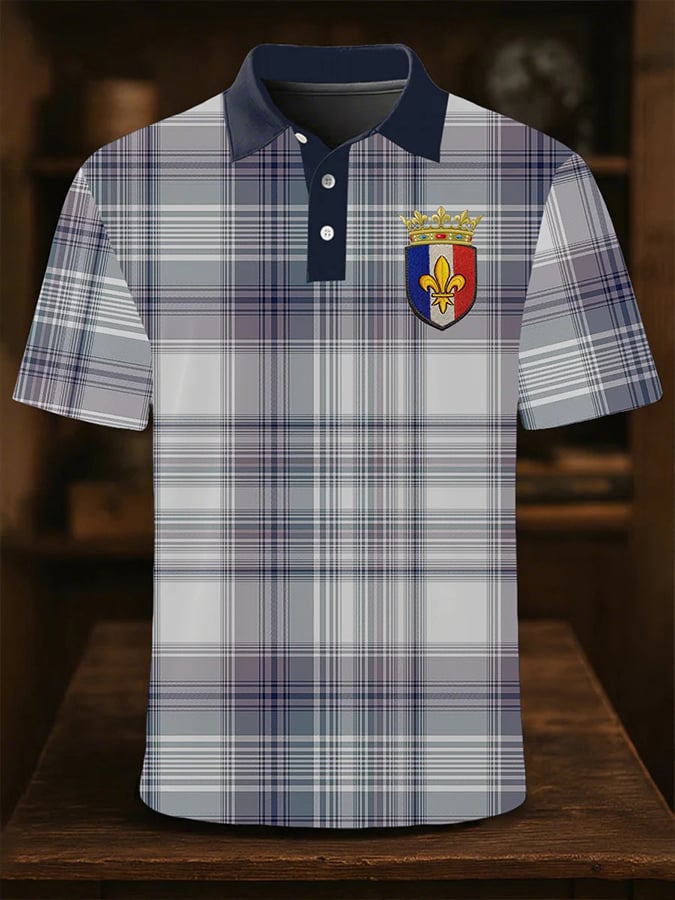Men's French check contrast lapel short-sleeved polo shirt