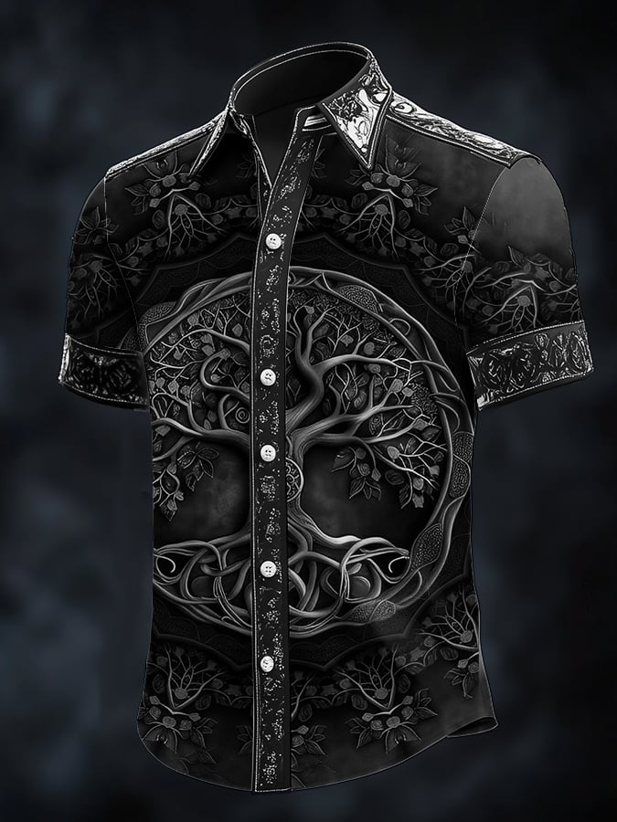 Men's casual dark Viking tree of life print satin shirt