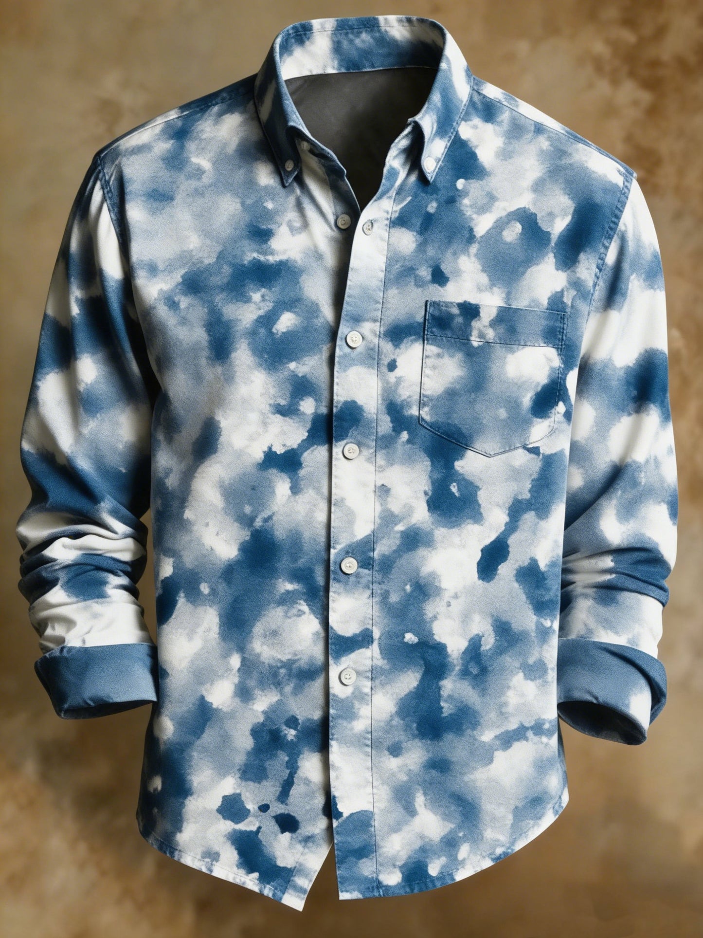 Retro Blue Tie-Dye Shirt Men's Casual Business Oxford Long Sleeve Shirt