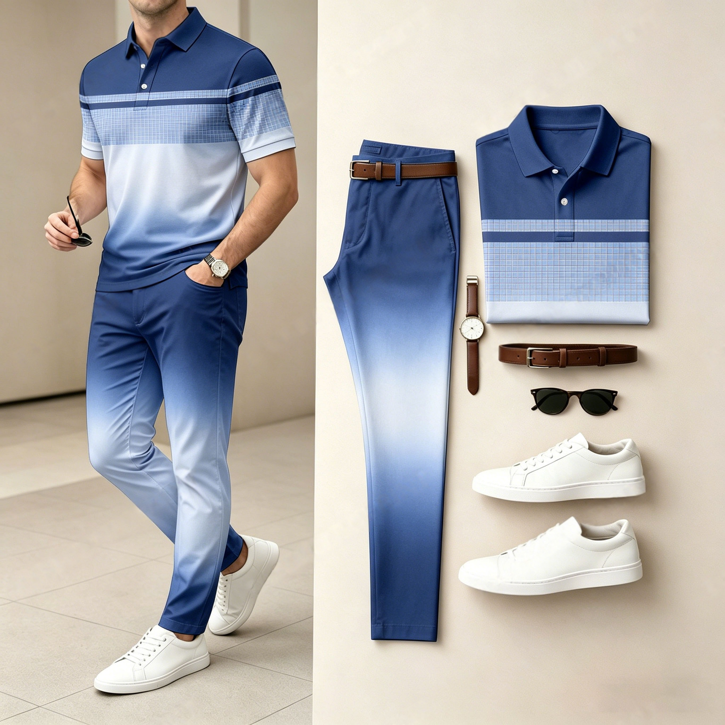 Men's Casual Gradient Printed Polo Shirt And Pants Two-Piece Set