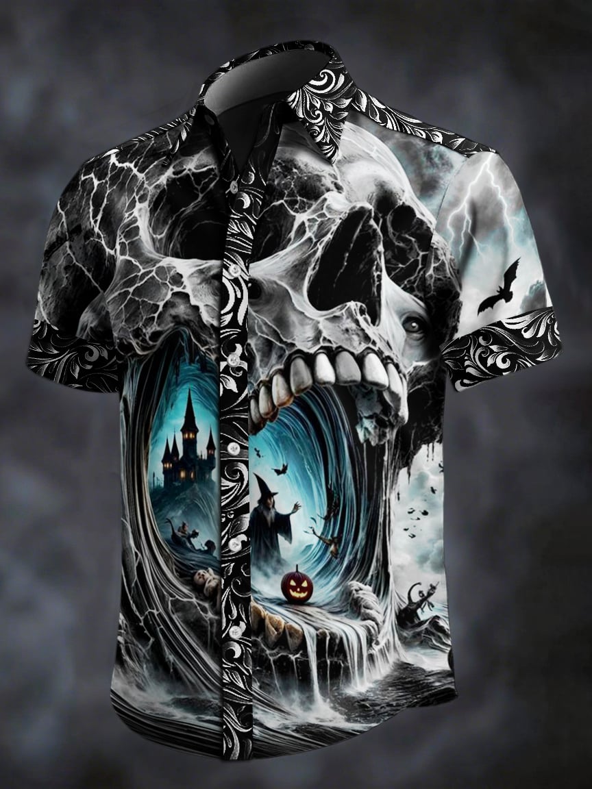 Men's Retro Skull Print Lapel Short Sleeve Shirt