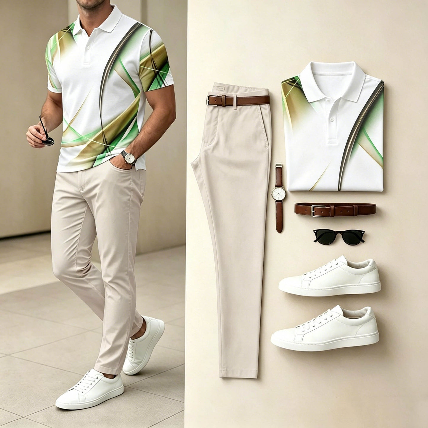 Men's Casual Green Gradient Curve Printed Polo Shirt & Khaki Pants Two-Piece Set