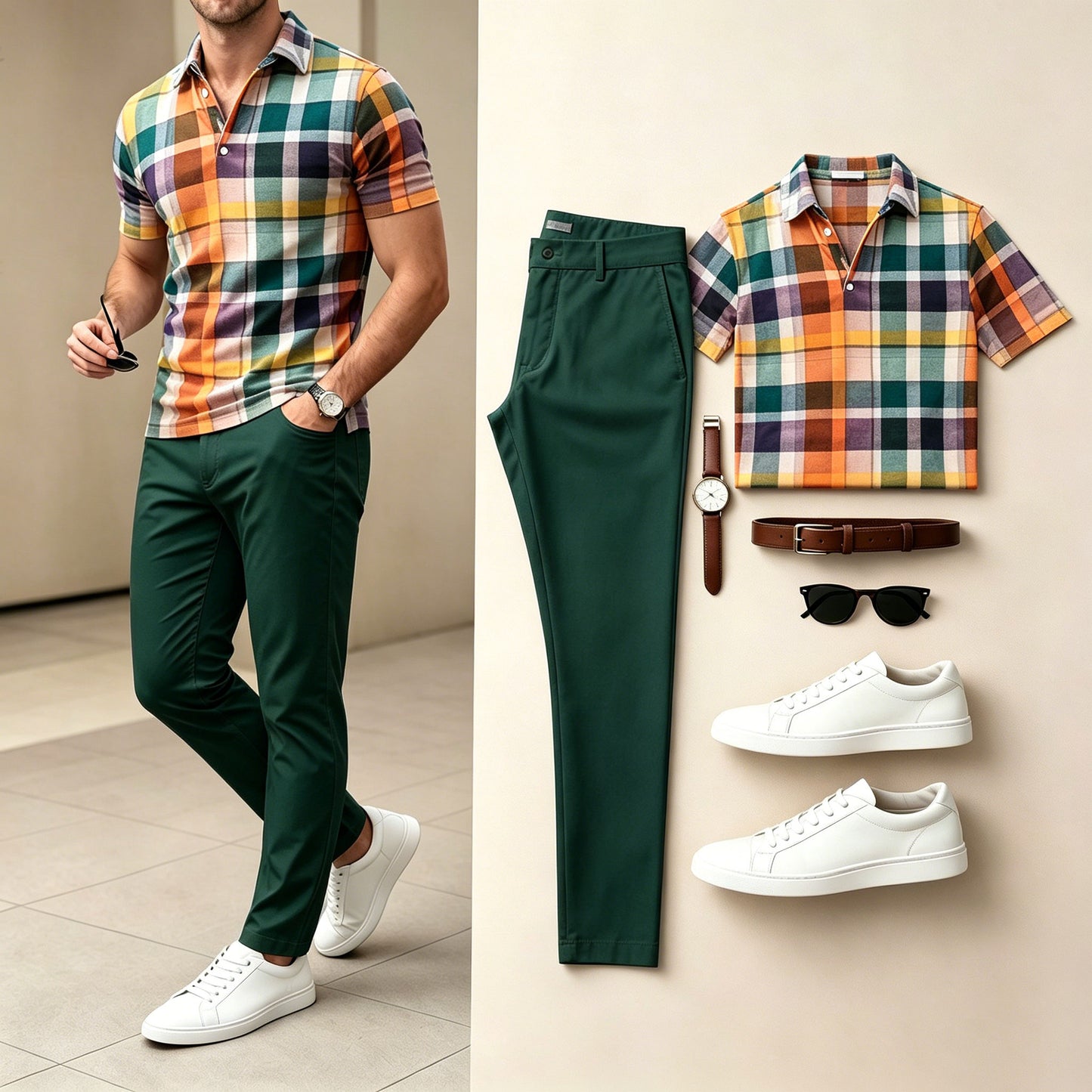 Men's Multi Green Color Matching Plaid Printed Short Sleeves Polo Shirt & Pants Two-Piece Set