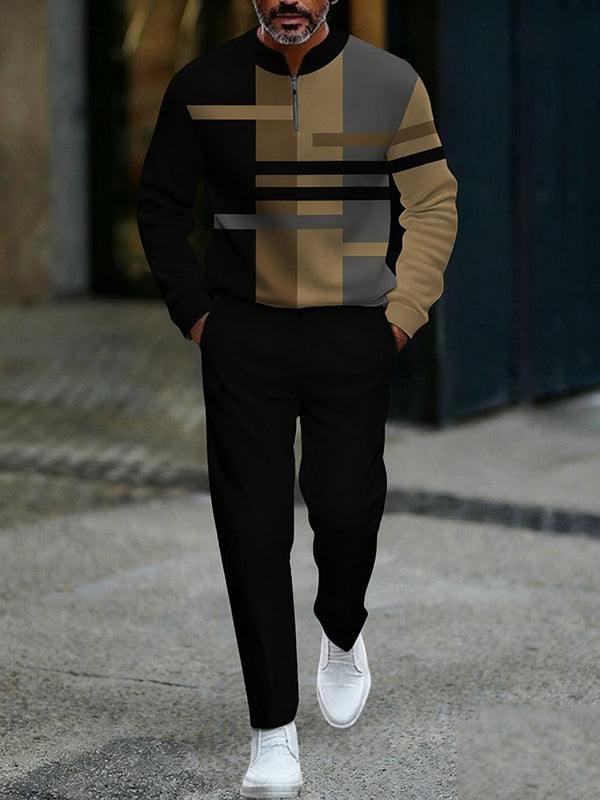 Men's fashion casual geometric print long sleeve zipper two-piece set