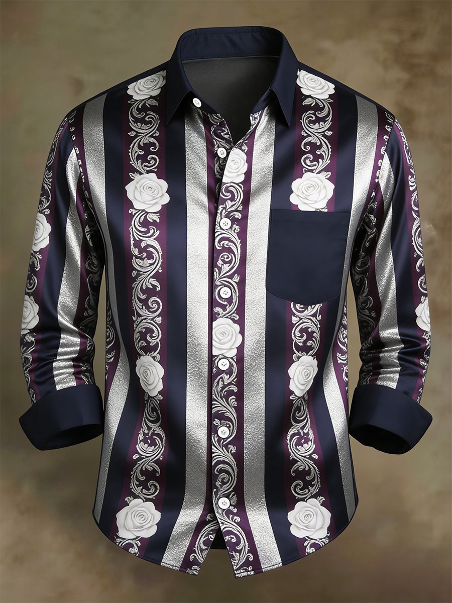 Men's Retro Business Casual Baroque Rose Striped Long-Sleeved Shirt