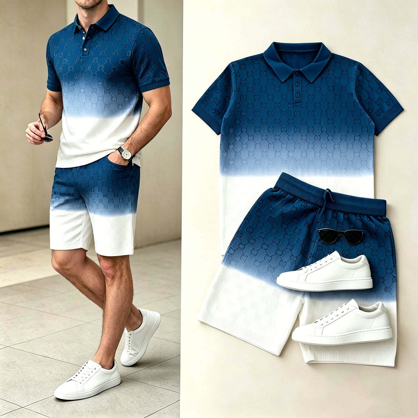 Men's Casual Blue White Gradient Polo Shirt & Shorts Two-Piece Set
