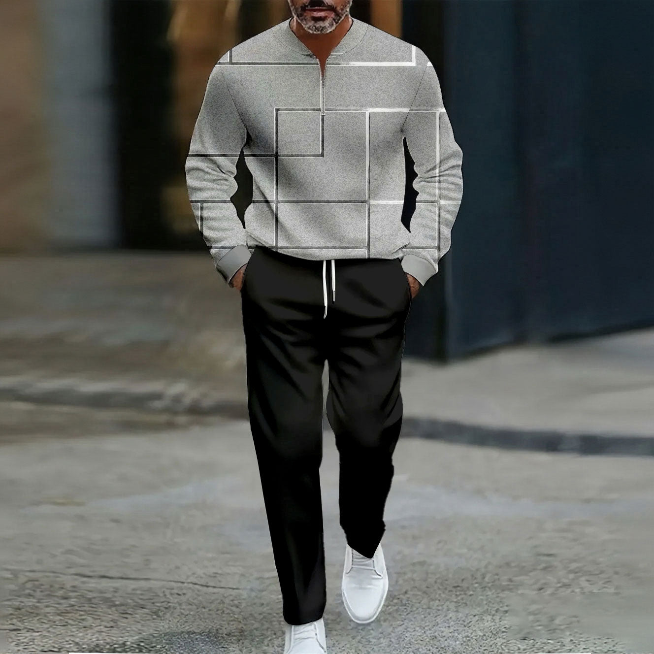 Men's Casual Color Matching Printed Round-Neck Zipper Long Sleeved Trousers Two-Piece Set