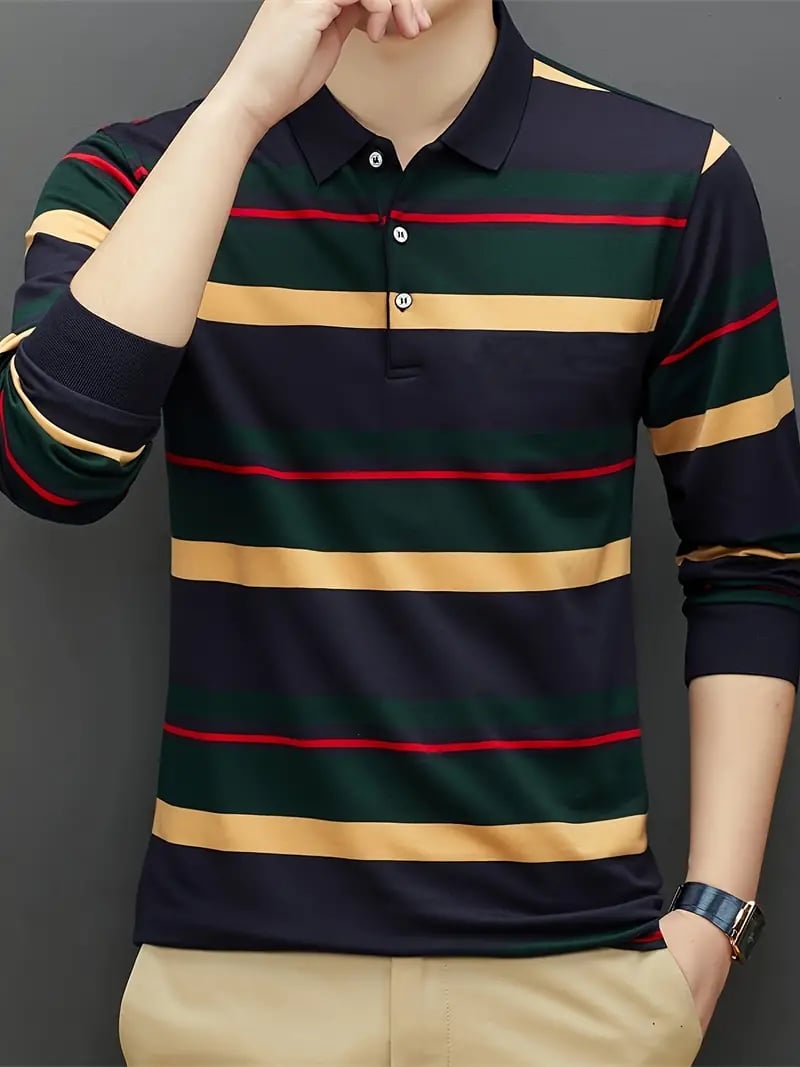 Men's Business Casual Striped Long-Sleeved Polo Shirt