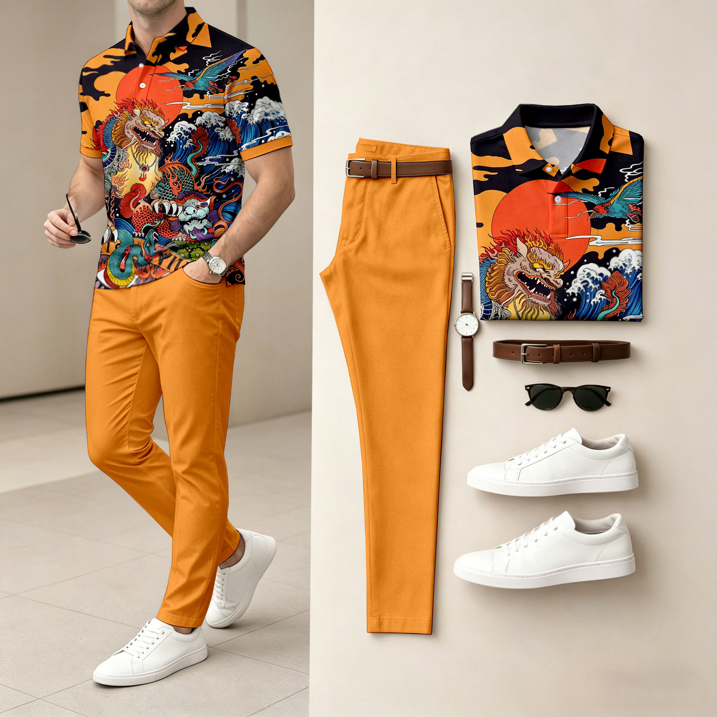 Men's Casual Red And Yellow Color-Blocked Mythical Print Short-Sleeve Polo Shirt And Pants Set (Excludes Accessories Such As Watches And Belts)