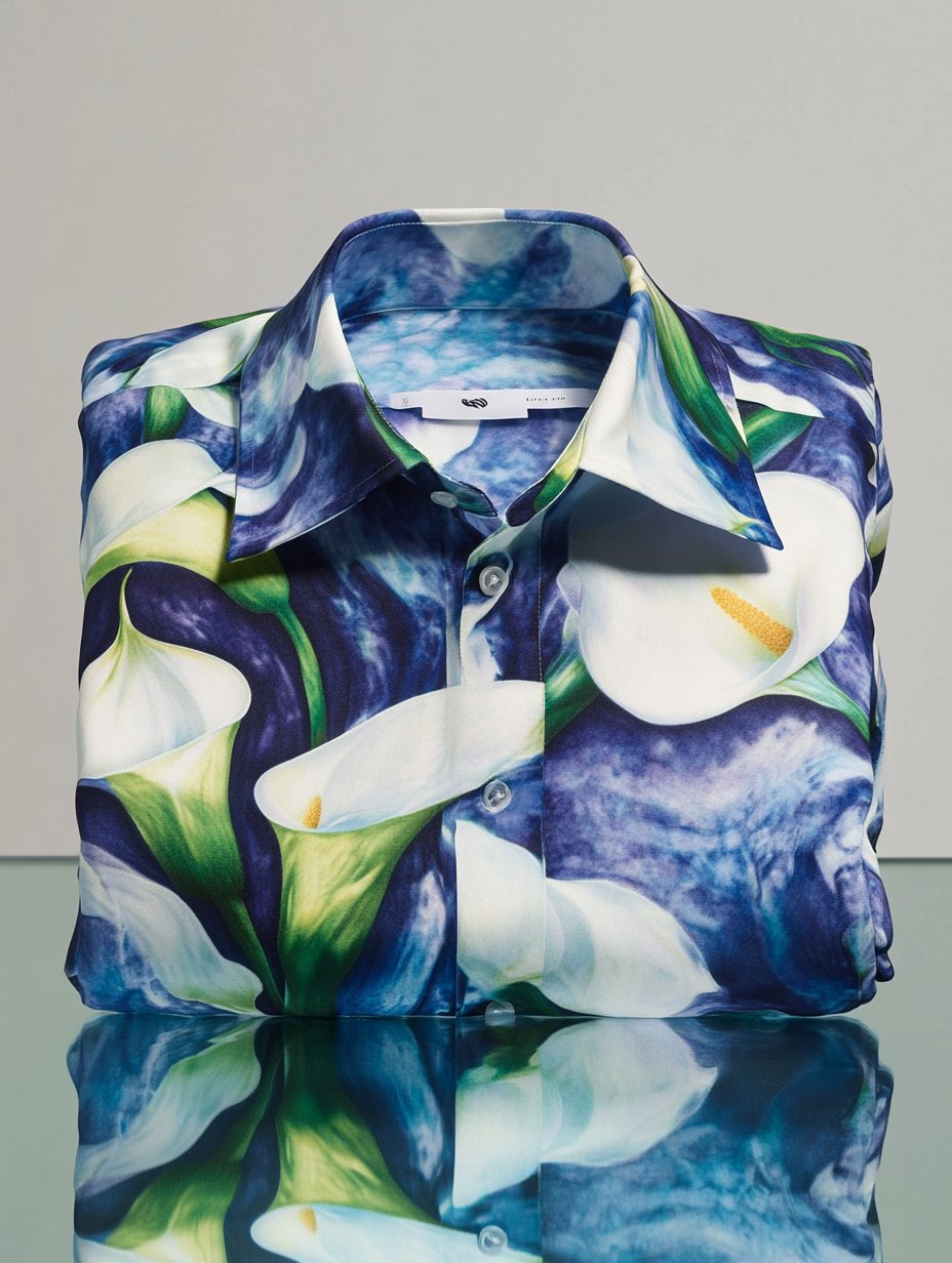 Men's Business Casual Calla Lily Floral Lapel Short Sleeve Shirt