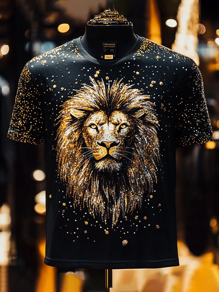 Men's Lion Sequin Business Print Short Sleeve T-Shirt
