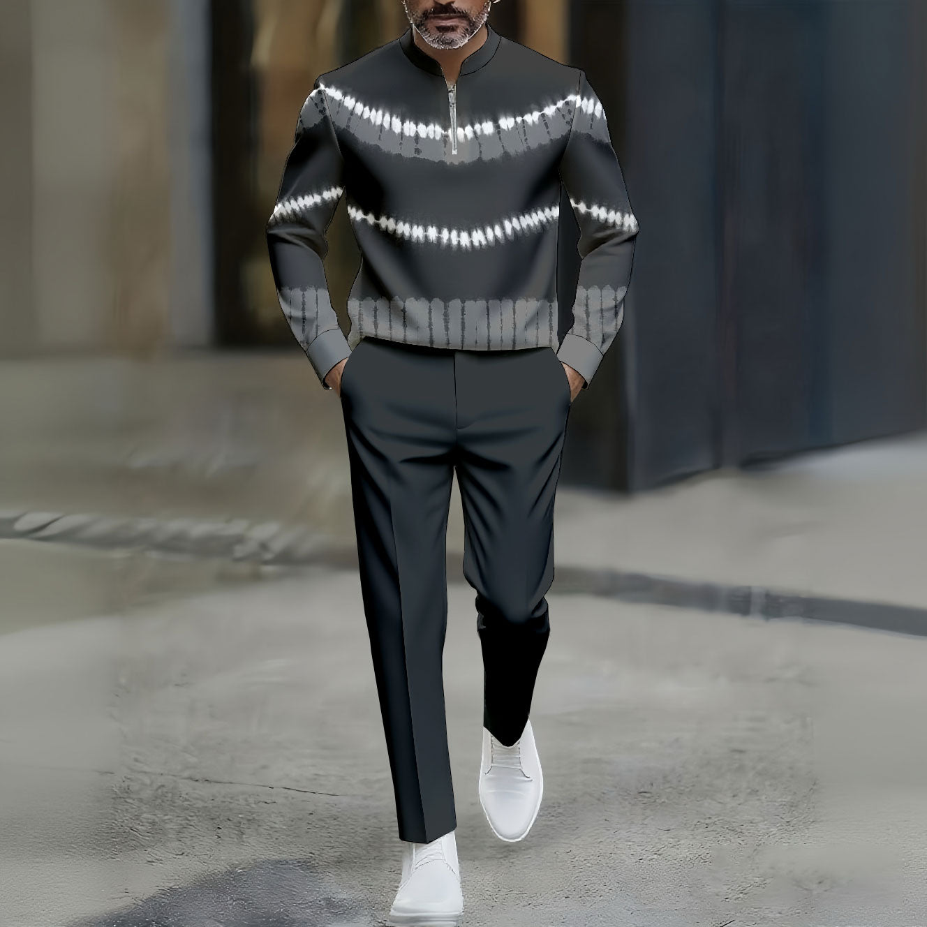 Men's Casual Dark Gray & White Color Matching Tie-dye Printed Round-Neck Zipper Long Sleeved Trousers Two-Piece Set