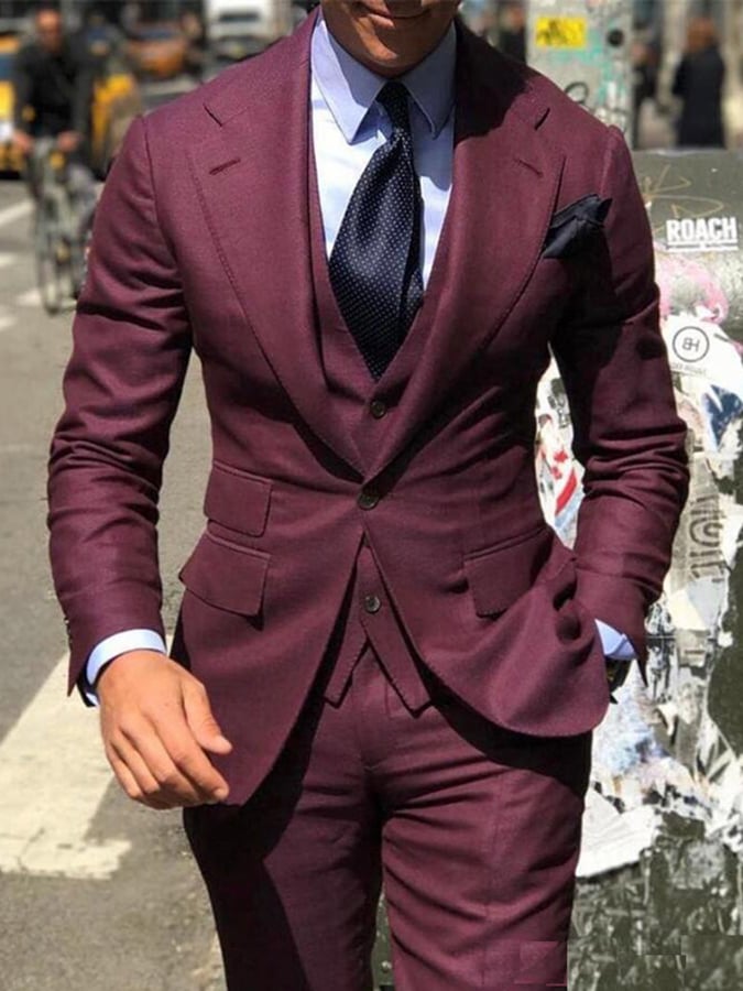 Men's Business Single-Breasted Solid Color Three-Piece Suit